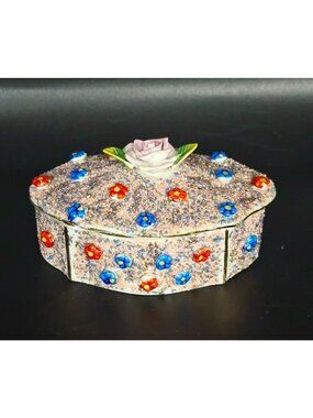 Occupied Japan Porcelain Trinket Box With Raised Florals Design & Pink Frit